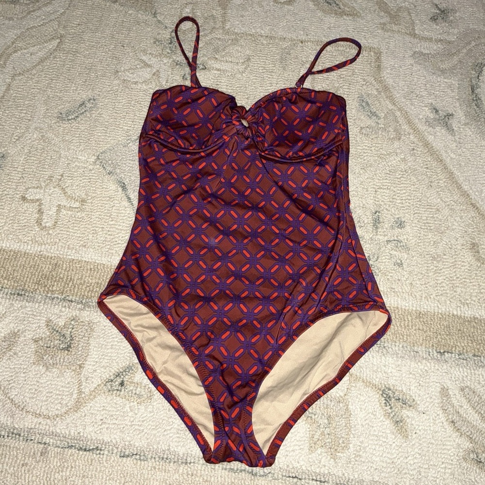 J.Crew Women One Piece Swimsuit In Purple Maroon Brown Geometric Sz 4